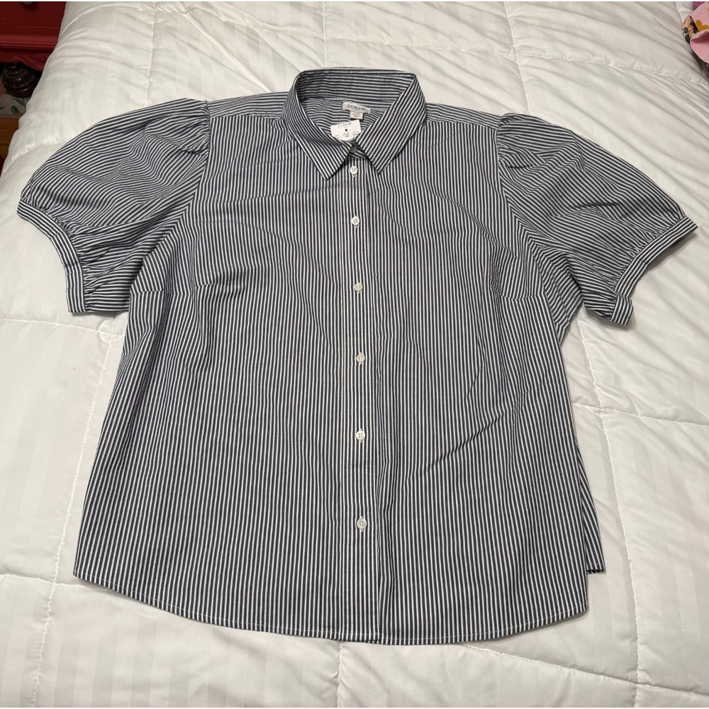J.Crew Blue White Stripe Cotton Poplin Puff Sleeve Button Front SZ XXL